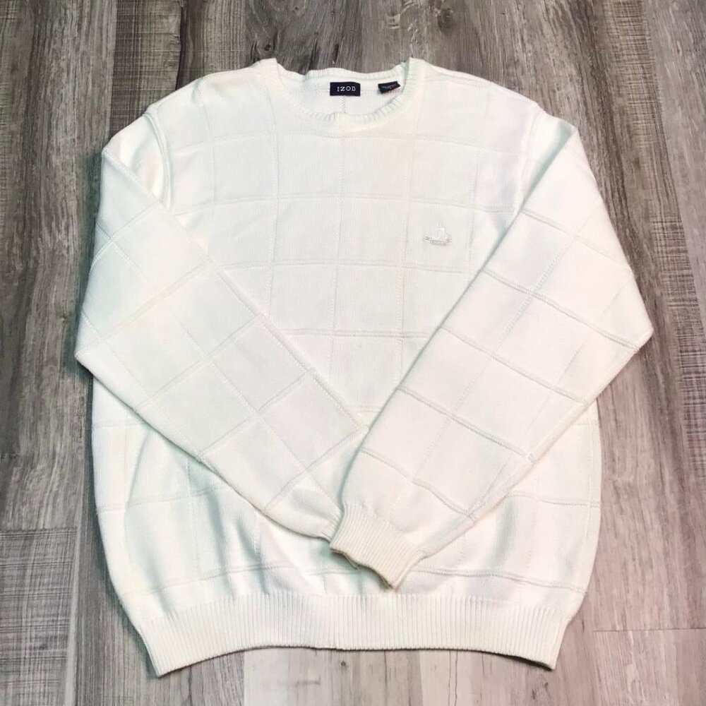 Vtg Izod Sweater‎ Mens Size Large White Crest Preppy Academia Fisherman Capsule